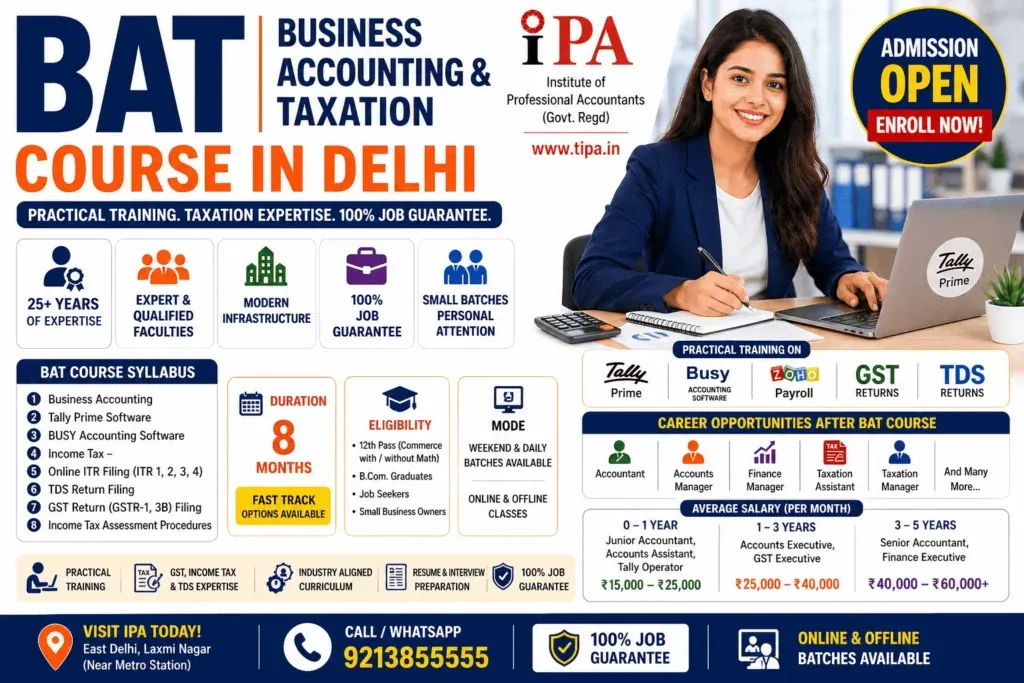 Business Accounting and Taxation (BAT) Course in Delhi summary: syllabus, duration, batch timings and the roles it leads to
