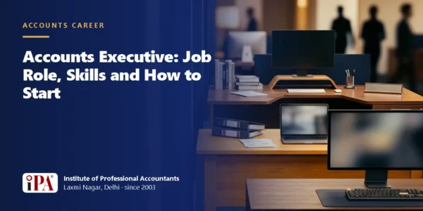 Card for the guide: Accounts Executive: Job Role, Skills and How to Start, with an illustrated scene of an office desk with monitors and files