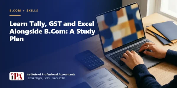 Card for the guide: Learn Tally, GST and Excel Alongside B.Com: A Study Plan, with an illustrated scene of hands typing on a laptop beside a calculator and notebook