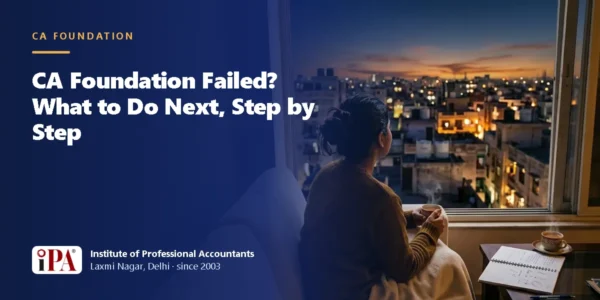 Card for the guide: CA Foundation Failed? What to Do Next, Step by Step, with an illustrated scene of a student by a window at dusk looking over the city