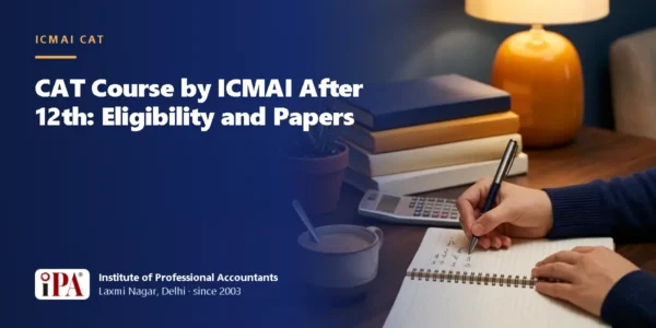 Card for the guide: CAT Course by ICMAI After 12th: Eligibility and Papers, with an illustrated scene of a student writing notes at a lamp-lit desk with a calculator and books