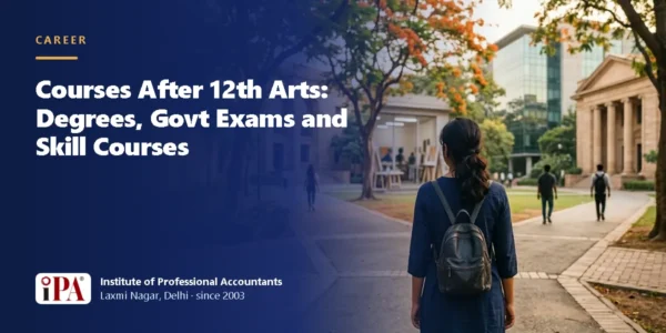 Card for the guide: Courses After 12th Arts: Degrees, Govt Exams and Skill Courses, with an illustrated scene of a student with a backpack on a college campus path