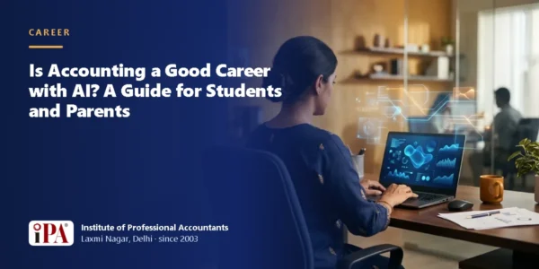 Card for the guide: Is Accounting a Good Career with AI? A Guide for Students and Parents, with an illustrated scene of a person working at a laptop showing abstract charts