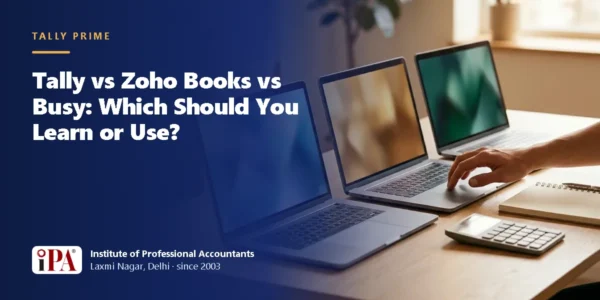 Card for the guide: Tally vs Zoho Books vs Busy: Which Should You Learn or Use?, with an illustrated scene of three laptops and a calculator on a desk