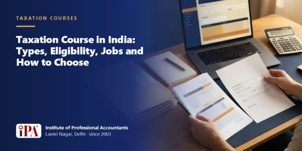Desk with a laptop, calculator, notebook and folders, and a person comparing two printed forms, illustrating a comparison of taxation courses